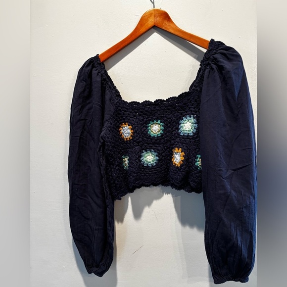 Aerie Navy Crochet Floral Women's Top large cottage core boho euro summer - Picture 3 of 10